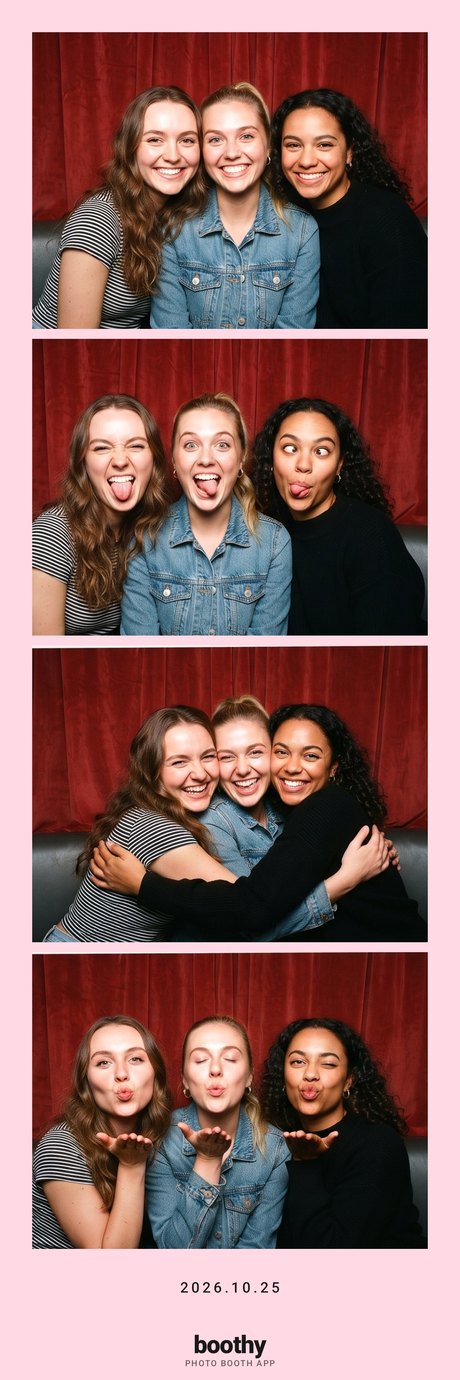 Photo strip of three friends made with Boothy in the Y2K look with the white frame